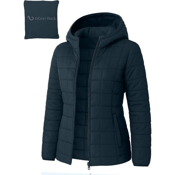 Women's Puffer Jacket Hood 32 Degree Quilted Puff Foldable Jacket Dark Blue